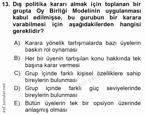 13. soru: Dış politika kararı almak için toplanan bir grupta Oy Birliği Modelinin uygulanması kabul edilmişse, bu gurubun bir k…
