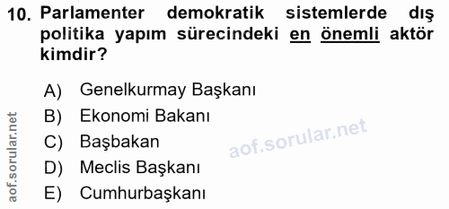 10. soru: Parlamenter demokratik sistemlerde dış politika yapım sürecindeki en önemli aktör kimdir? A) Genelkurmay Başkanı B) E…