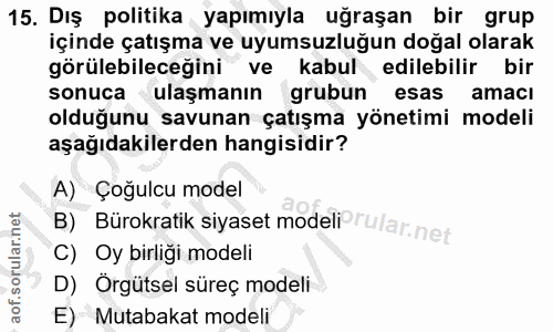 15. soru: Dış politika yapımıyla uğraşan bir grup içinde çatışma ve uyumsuzluğun doğal olarak görülebileceğini ve kabul edilebi…