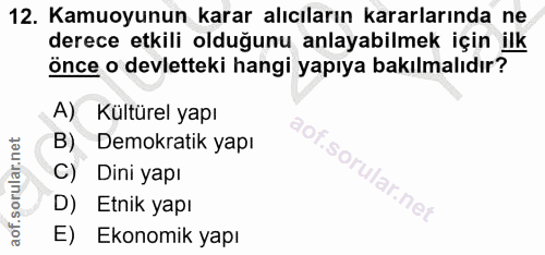 12. soru: Kamuoyunun karar alıcıların kararlarında ne derece etkili olduğunu anlayabilmek için ilk önce o devletteki hangi yapı…