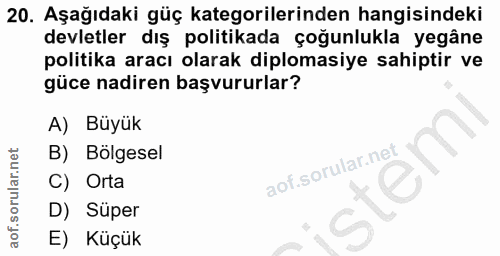 20. soru: Aşağıdaki güç kategorilerinden hangisindeki devletler dış politikada çoğunlukla yegâne politika aracı olarak diplomas…