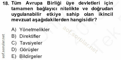 18. soru: Tüm Avrupa Birliği üye devletleri için tamamen bağlayıcı nitelikte ve doğrudan uygulanabilir etkiye sahip olan ikinci…