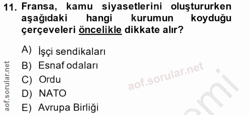 11. soru: Fransa, kamu siyasetlerini oluştururken aşağıdaki hangi kurumun koyduğu çerçeveleri öncelikle dikkate alır? A) İşçi s…