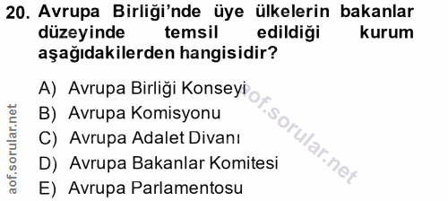 20. soru: Avrupa Birliği'nde üye ülkelerin bakanlar düzeyinde temsil edildiği kurum aşağıdakilerden hangisidir? A) Avrupa Birli…