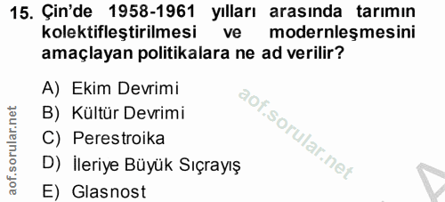 15. soru: Çin'de 1958-1961 yılları arasında tarımın kolektifleştirilmesi ve modernleşmesini amaçlayan politikalara ne ad verili…