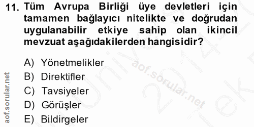 11. soru: Tüm Avrupa Birliği üye devletleri için tamamen bağlayıcı nitelikte ve doğrudan uygulanabilir etkiye sahip olan ikinci…