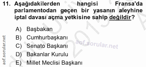 11. soru: Aşağıdakilerden hangisi Fransa'da parlamentodan geçen bir yasanın aleyhine iptal davası açma yetkisine sahip değildir…