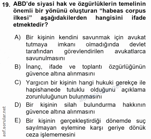 19. soru: ABD'de siyasi hak ve özgürlüklerin temelinin önemli bir yönünü oluşturan "habeas corpus ilkesi" aşağıdakilerden hangi…