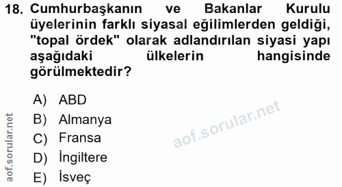 18. soru: Cumhurbaşkanın ve Bakanlar Kurulu üyelerinin farklı siyasal eğilimlerden geldiği, "topal ördek" olarak adlandırılan s…
