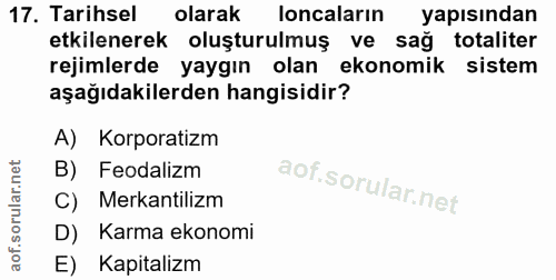 17. soru: Tarihsel olarak locaların yapısından etkilenerek oluşturulmuş ve sağ | totaliter rejimlerde yaygın olan ekonomik sist…
