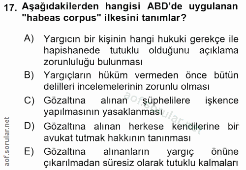 17. soru: Aşağıdakilerden hangisi ABD'de uygulanan "habeas corpus" ilkesini tanımlar? A) Yargıcın bir kişinin hangi hukuki gere…