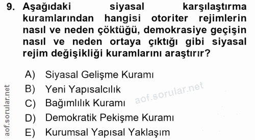 9. soru: Aşağıdaki siyasal karşılaştırma kuramlarından hangisi otoriter rejimlerin nasıl ve neden çöktüğü, demokrasiye geçişin…