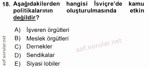 18. soru: Aşağıdakilerden hangisi isviçre'de kamu politikalarının oluşturulmasında etkin değildir? A) İşveren örgütleri B) Mesl…