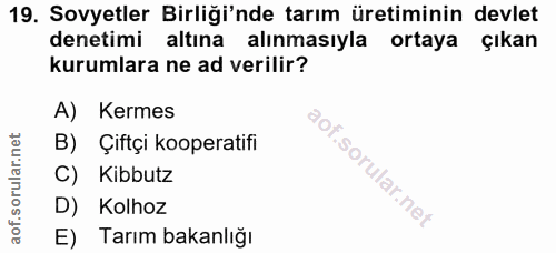 19. soru: Sovyetler Birliği'nde tarım üretiminin devlet denetimi altına alınmasıyla ortaya çıkan kurumlara ne ad verilir? A) Ke…