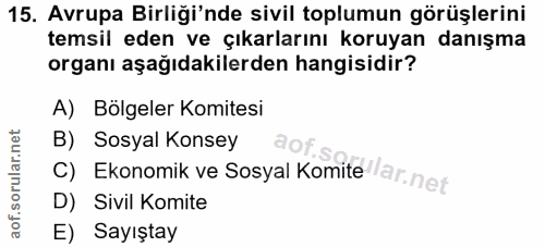 15. soru: Avrupa Birliği'nde sivil toplumun görüşlerini temsil eden ve çıkarlarını koruyan danışma organı aşağıdakilerden hangi…