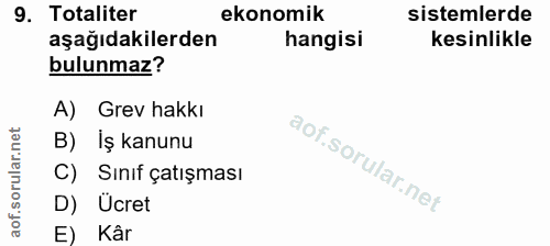 9. soru: Totaliter ekonomik sistemlerde aşağıdakilerden hangisi kesinlikle bulunmaz? A) Grev hakkı B) Iş kanunu C) Sınıf çatış…