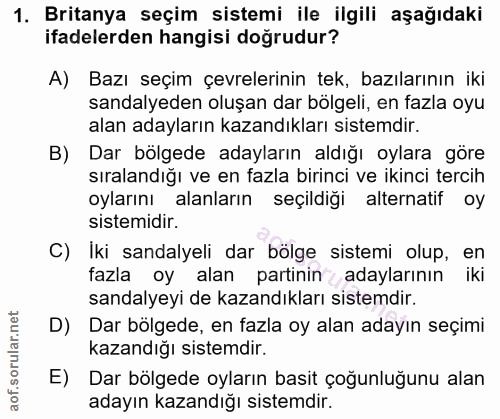 1. soru: Britanya seçim sistemi ile ilgili aşağıdaki ifadelerden hangisi doğrudur? A) Bazı seçim çevrelerinin tek, bazılarının…