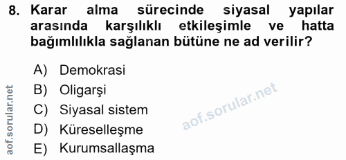8. soru: Karar alma sürecinde siyasal yapılar arasında karşılıklı etkileşimle ve hatta bağımlılıkla sağlanan bütüne ne ad veri…