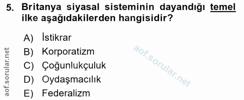 5. soru: Britanya siyasal sisteminin dayandığı temel ilke aşağıdakilerden hangisidir? A) Istikrar B) Korporatizm C) Çoğunlukçu…