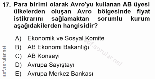 17. soru: Para birimi olarak Avro'yu kullanan AB üyesi ülkelerden oluşan Avro bölgesinde fiyat istikrarını sağlamaktan sorumlu…