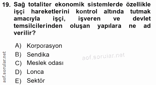 19. soru: Sağ totaliter ekonomik sistemlerde özellikle işçi hareketlerini kontrol altında tutmak amaciyla işçi, işveren ve devl…