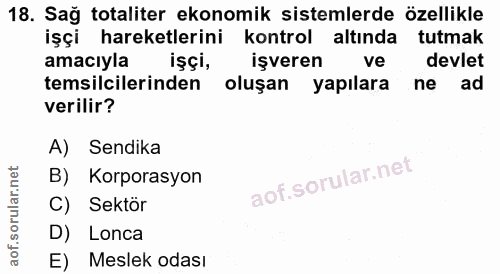 18. soru: Sağ totaliter ekonomik sistemlerde özellikle işçi hareketlerini kontrol altında tutmak amacıyla işçi, işveren ve devl…