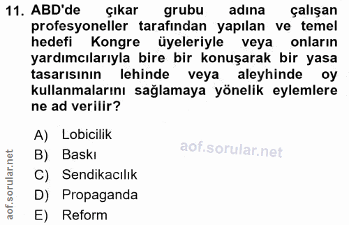 11. soru: ABD'de çıkar grubu adına çalışan profesyoneller tarafından yapılan ve temel hedefi Kongre üyeleriyle veya onların yar…