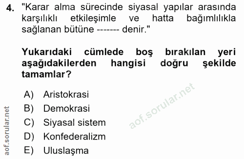 4. soru: "Karar alma sürecinde siyasal yapılar arasında karşılıklı etkileşimle ve hatta bağımlılıkla sağlanan bütüne --- denir…