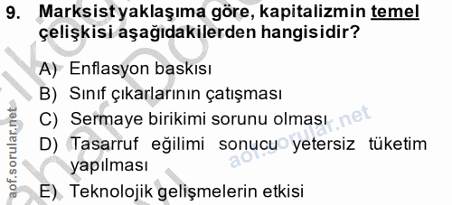 9. soru: Marksistyaklaşıma göre, kapitalizmin temel çelişkisi aşağıdakilerden hangisidir? A) Enflasyon baskısı B) Sınıf çıkarl…