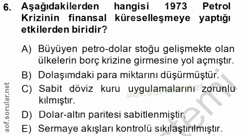 6. soru: Aşağıdakilerden hangisi 1973 Petrol Krizinin finansal küreselleşmeye yaptığı etkilerden biridir? A) Büyüyen petro-dol…