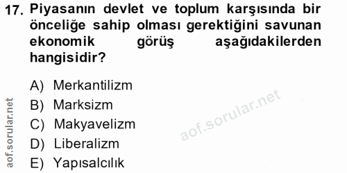 17. soru: Piyasanın devlet ve toplum karşısında bir önceliğe sahip olması gerektiğini savunan ekonomik görüş aşağıdakilerden ha…
