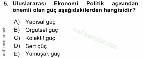 5. soru: Uluslararası Ekonomi Politik açısından önemli olan güç aşağıdakilerden hangisidir? A) Yapısal güç B) Örgütsel güç C)…