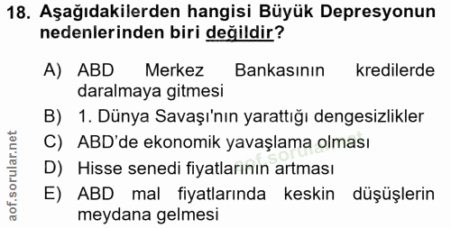 18. soru: Aşağıdakilerden hangisi Büyük Depresyonun nedenlerinden biri değildir? A) ABD Merkez Bankasının kredilerde daralmaya…