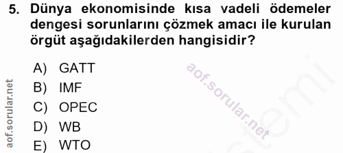5. soru: Dünya ekonomisinde kısa vadeli ödemeler dengesi sorunlarını çözmek amacı ile kurulan örgüt aşağıdakilerden hangisidir…