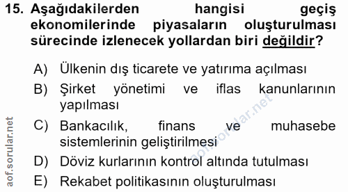 15. soru: Aşağıdakilerden hangisi geçiş ekonomilerinde piyasaların oluşturulması sürecinde izlenecek yollardan biri değildir? A…