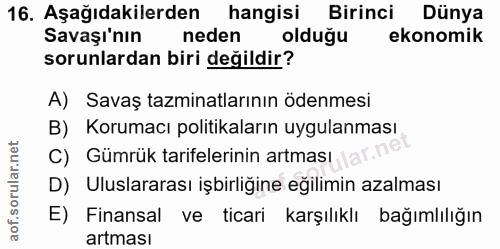 16. soru: Aşağıdakilerden hangisi Birinci Dünya Savaşı'nın neden olduğu ekonomik sorunlardan biri değildir? A) Savaş tazminatla…