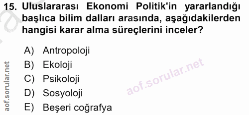15. soru: Uluslararası Ekonomi Politik'in yararlandığı başlıca bilim dalları arasında, aşağıdakilerden hangisi karar alma süreç…