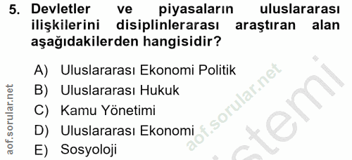 5. soru: Devletler ve piyasaların uluslararası ilişkilerini disiplinlerarası araştıran alan aşağıdakilerden hangisidir? A) Ulu…