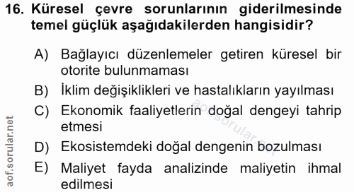 16. soru: Küresel çevre sorunlarının giderilmesinde temel güçlük aşağıdakilerden hangisidir? A) Bağlayıcı düzenlemeler getiren…