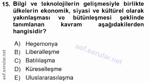15. soru: Bilgi ve teknolojilerin gelişmesiyle birlikte ülkelerin ekonomik, siyasi ve kültürel olarak yakınlaşması ve bütünleşm…