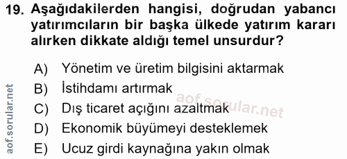 19. soru: Aşağıdakilerden hangisi, doğrudan yabancı yatırımcıların bir başka ülkede yatırım kararı alırken dikkate aldığı temel…