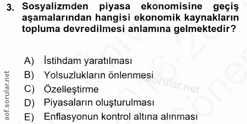3. soru: Sosyalizmden piyasa ekonomisine geçiş aşamalarından hangisi ekonomik kaynakların topluma devredilmesi anlamına gelmek…