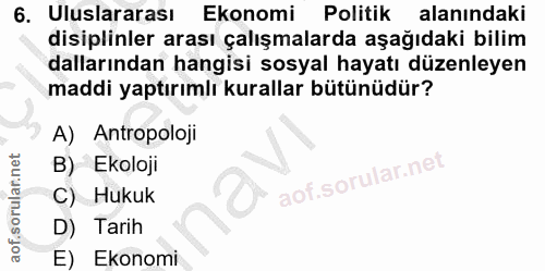 6. soru: Uluslararası Ekonomi Politik alanındaki disiplinler arası çalışmalarda aşağıdaki bilim dallarından hangisi sosyal hay…