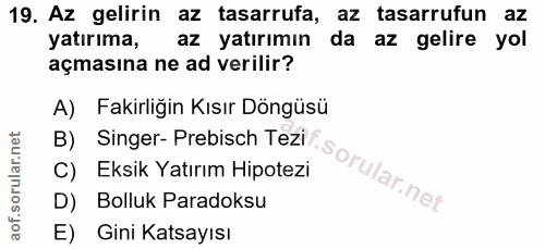 19. soru: Az gelirin az tasarrufa, az tasarrufun az yatırıma, az yatırımın da az gelire yol açmasına ne ad verilir? A) Fakirliğ…