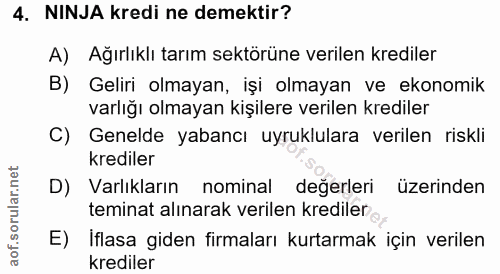 4. soru: NINJA kredi ne demektir? A) Ağırlıklı tarım sektörüne verilen krediler B) Geliri olmayan, işi olmayan ve ekonomik var…