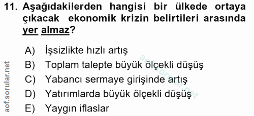 11. soru: Aşağıdakilerden hangisi bir ülkede ortaya çıkacak ekonomik krizin belirtileri arasında yer almaz? A) İşsizlikte hızlı…