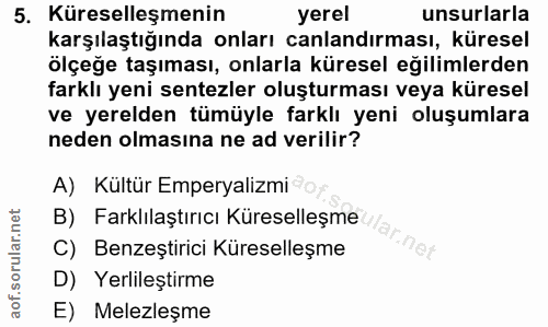 5. soru: Küreselleşmenin yerel unsurlarla karşılaştığında onları canlandırması, küresel ölçeğe taşıması, onlarla küresel eğili…
