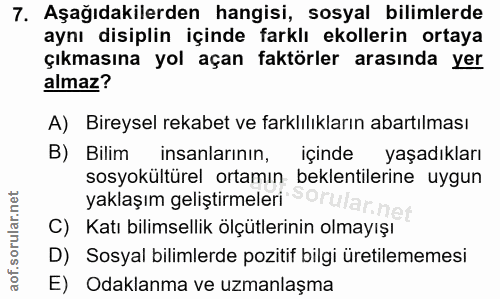 7. soru: Aşağıdakilerden hangisi, sosyal bilimlerde aynı disiplin içinde farklı ekollerin ortaya çıkmasına yol açan faktörler…