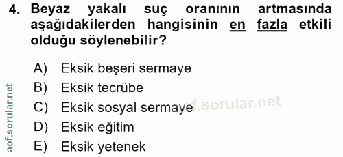 4. soru: Beyaz yakalı suç oraninın artmasında aşağıdakilerden hangisinin en fazla etkili olduğu söylenebilir? A) Eksik beşeri…