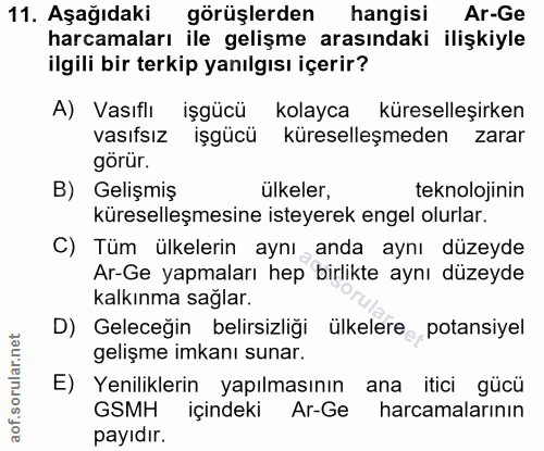 11. soru: Aşağıdaki görüşlerden hangisi Ar-Ge harcamaları ile gelişme arasındaki ilişkiyle ilgili bir terkip yanılgısı içerir?…